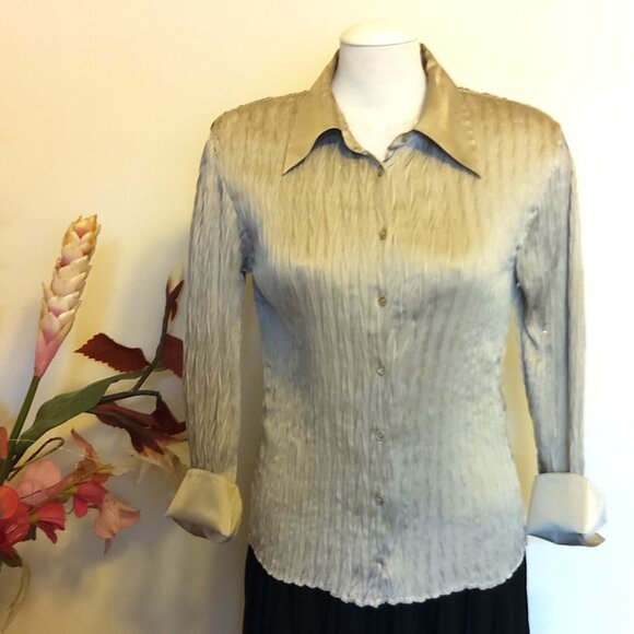 Preowned Conrad C Collection Blouse Beige Long Sleeve Pleated Shirt Women’s Top - Picture 2 of 7